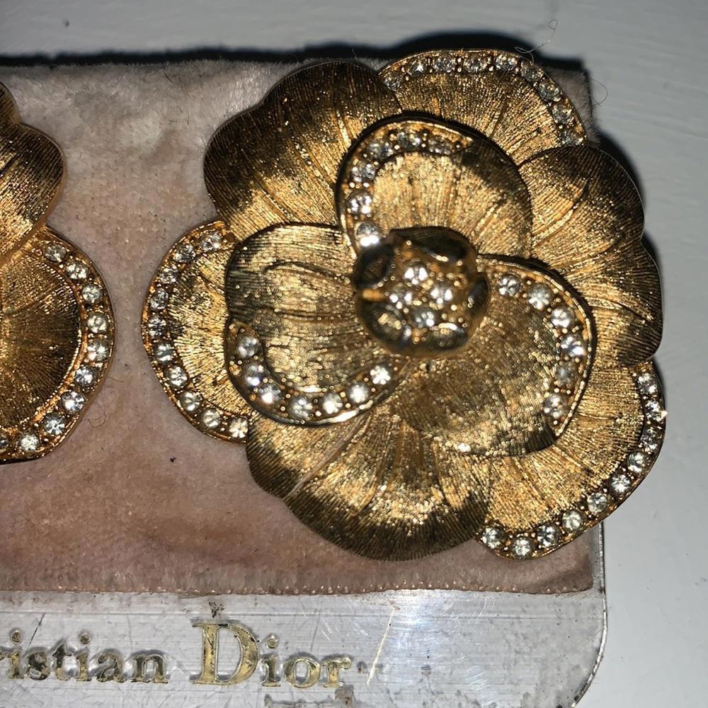 Vintage Christian Dior Large Crystal Rose Flower Large Clip on Earrings - Picture 4 of 12